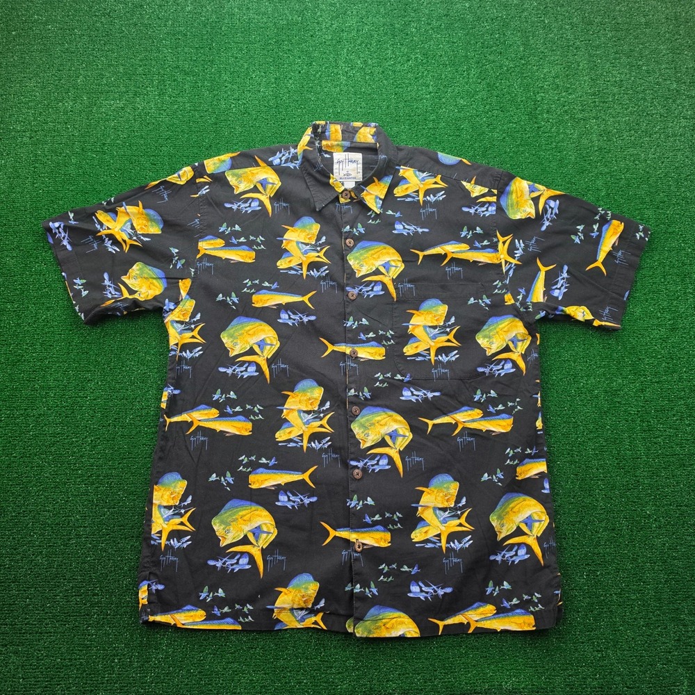 Guy‎ Harvey Shirt Mens Large Black Mahi Mahi Dorado Flying Fish AOP AFTCO